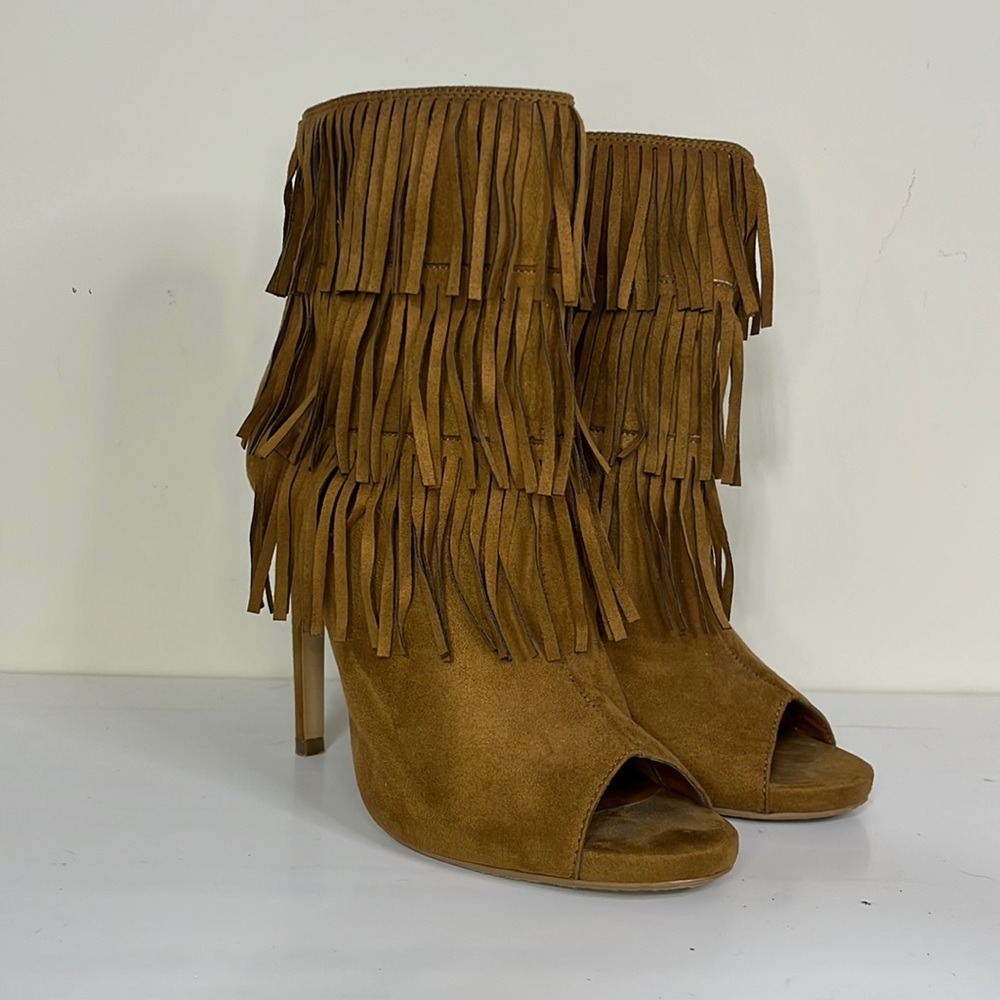 Heart in D Brown Fringe Peep Toe High Heeled Stiletto Bootie Size 8.5 - Picture 1 of 8